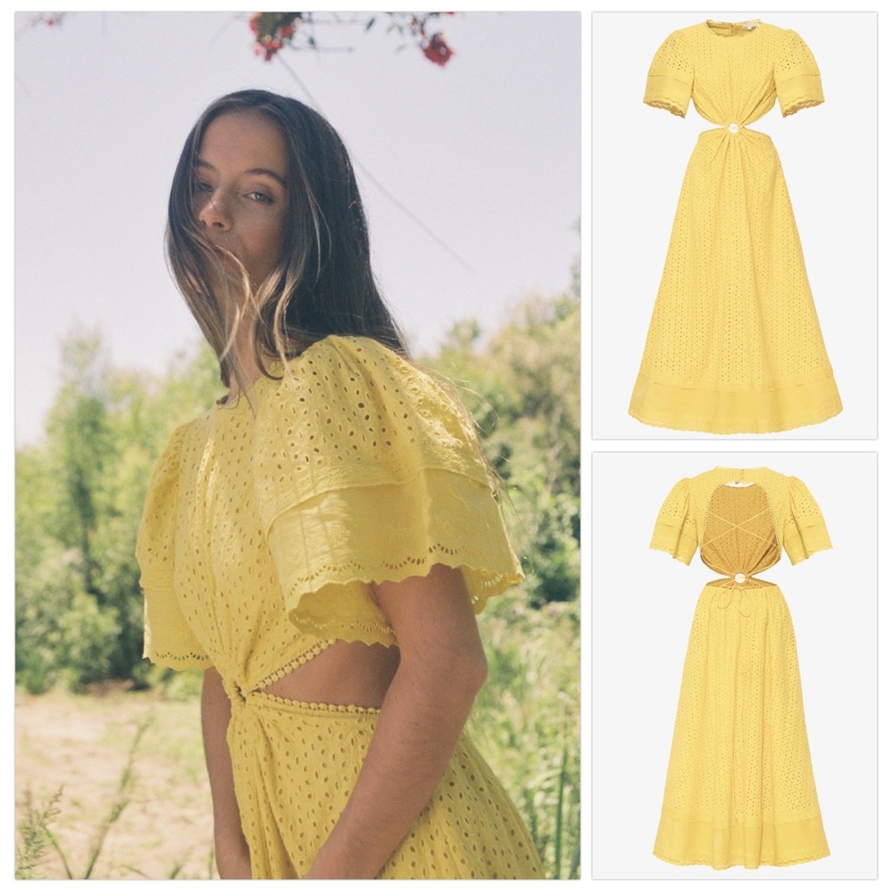 EUC Maia Bergman Caro Sun Yellow Maxi Dress Eyelet Lace Up Back Women's Medium